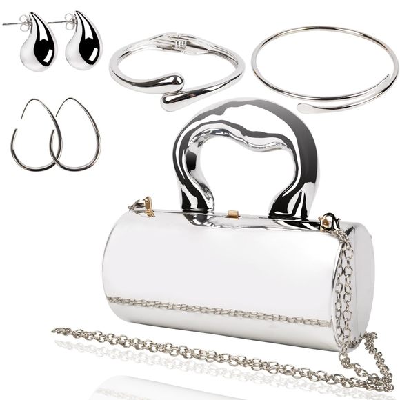 Silver Clutch Purse Set - 5 Pcs Metallic Evening Bag With Bracelets :[ - Picture 1 of 6